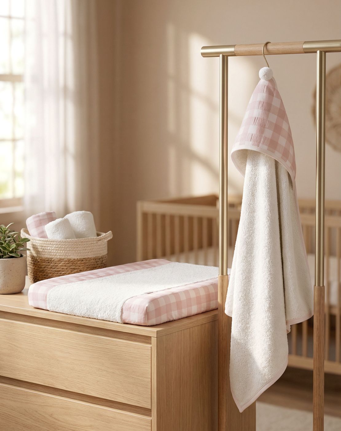 Hooded terry bath towel<br>CHECKS PINK